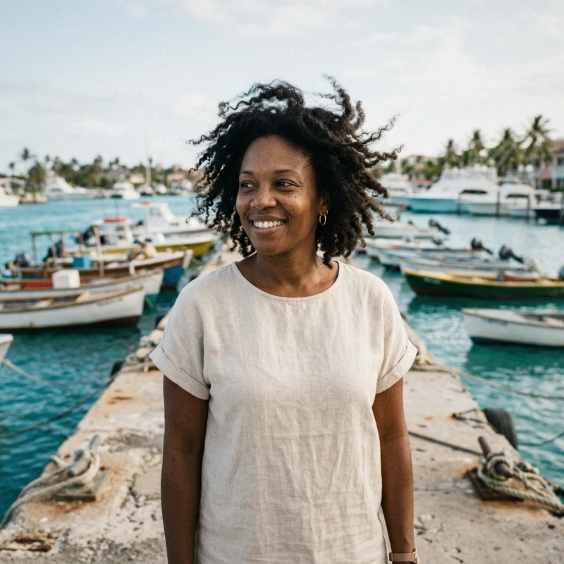 Deandra Rolle, travel writer based in Nassau, standing on the dock at Montagu Beach where swimming with pigs Nassau boats board, Bahamas