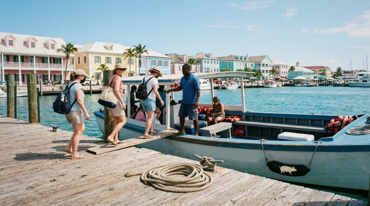 Cruise ship docked in Nassau harbour near the boarding point for a Nassau cruise excursion swimming pigs tour