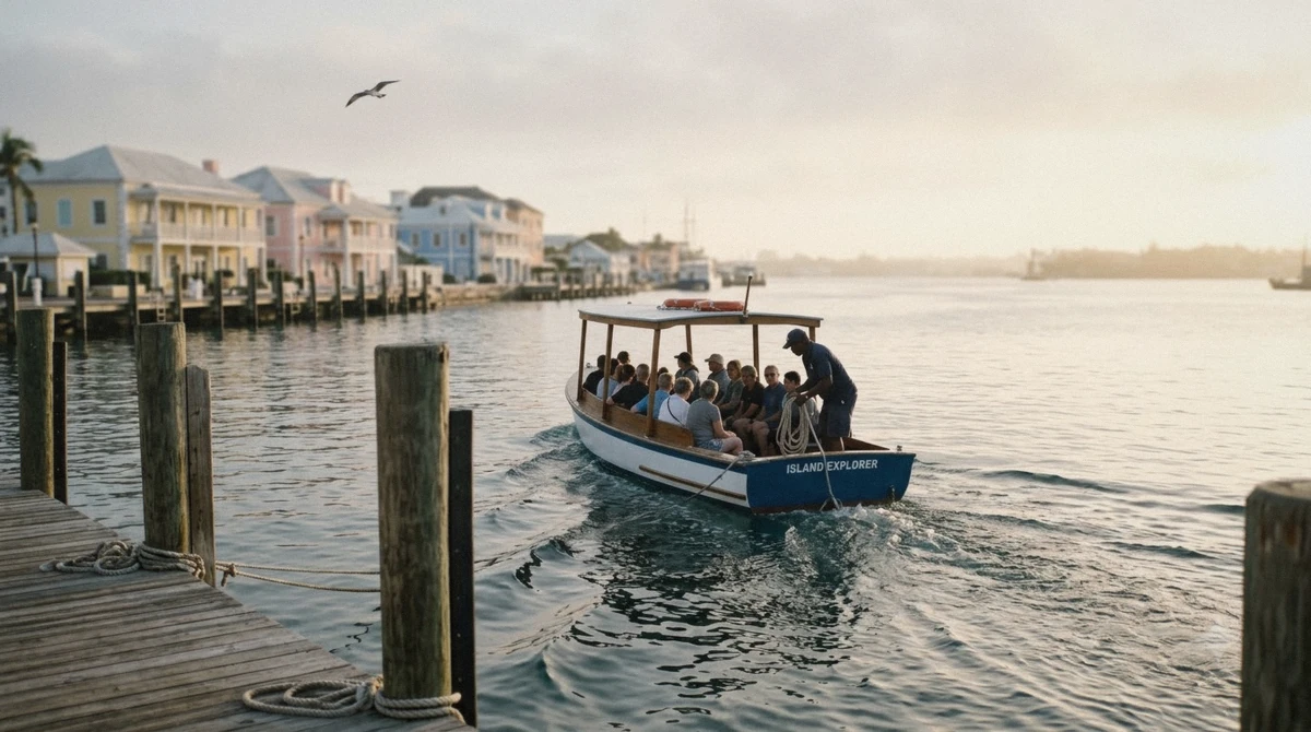 Tour boat leaving the Nassau harbour at first light for a swimming with pigs Nassau excursion, Bahamas