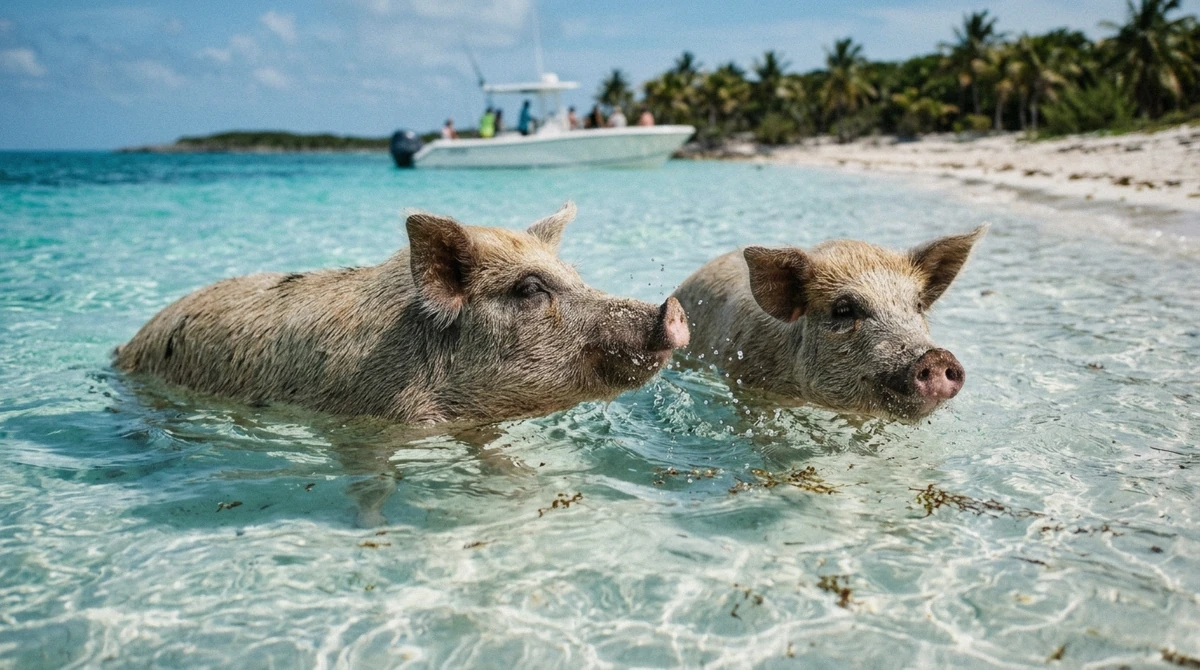 Two pigs wading out through clear shallow water toward a boat on a swimming with pigs Nassau tour, Bahamas