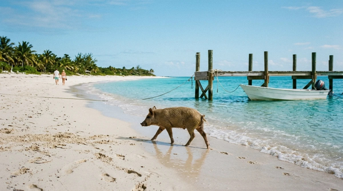 A hand holding cash and a boarding ticket beside a dock, the practical side of the cost to swim with pigs in the Bahamas