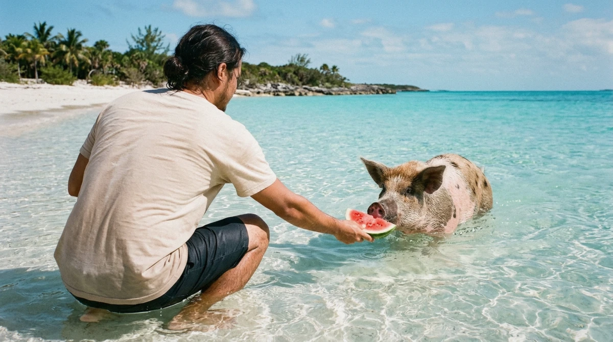 A guide standing close to calm swimming pigs in shallow water, illustrating whether swimming with pigs in the Bahamas is dangerous