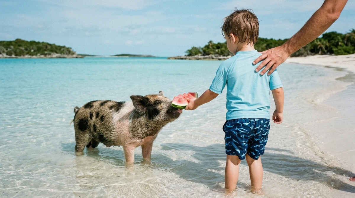 A child watching a swimming pig approach the shallows from a boat, swimming with pigs with kids in Nassau, Bahamas