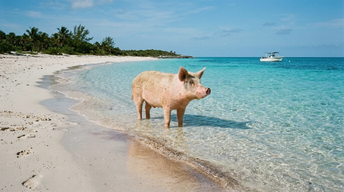 A pig wading through shallow turquoise water toward a tour boat, the moment that decides whether swimming with pigs in the Bahamas is worth it