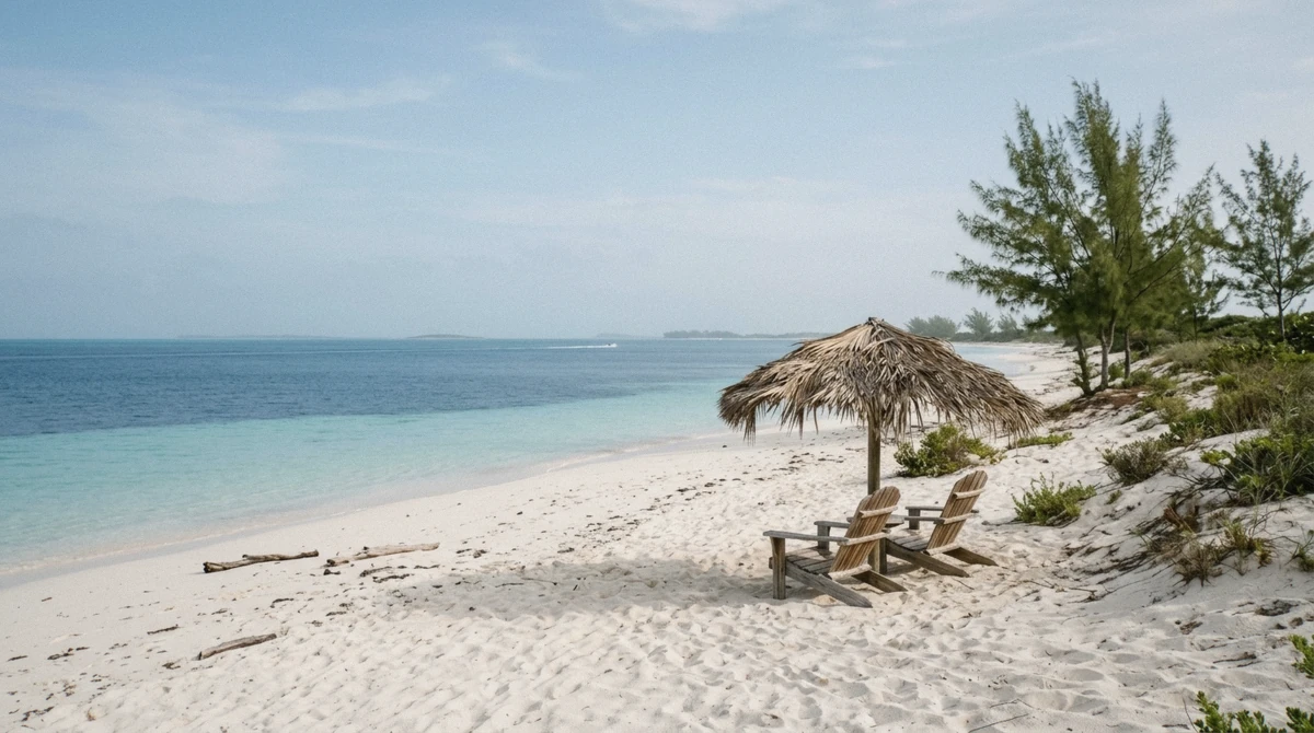 White sand and shallow turquoise water at Rose Island, the main beach used for swimming with pigs Nassau tours, Bahamas