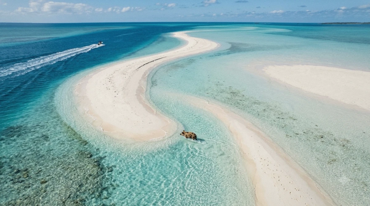 A map-like view of turquoise water and small islands off Nassau, the stretch of coast that answers where to swim with pigs in the Bahamas